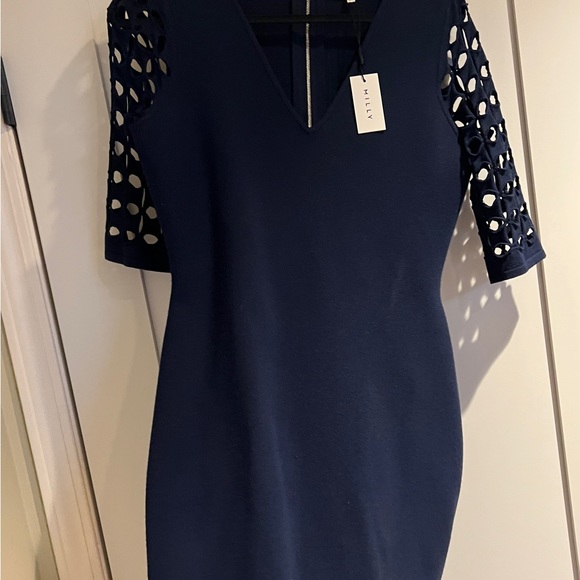 MILLY Navy Lattice Elbow Sleeve Dress - Picture 5 of 11
